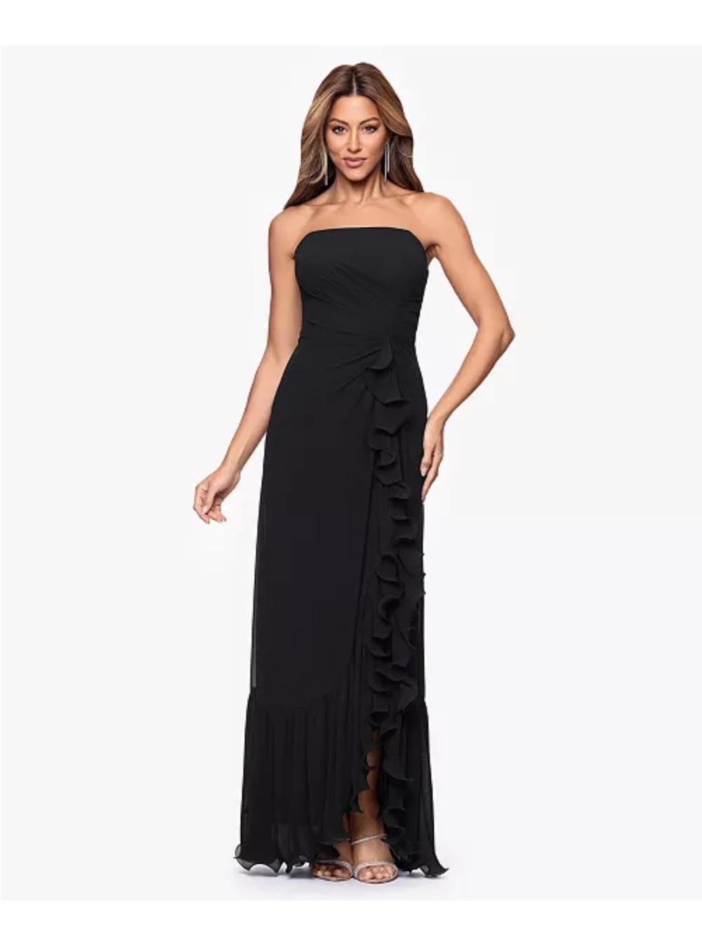 Xscape Strapless Black Ruffle Sheath Dress